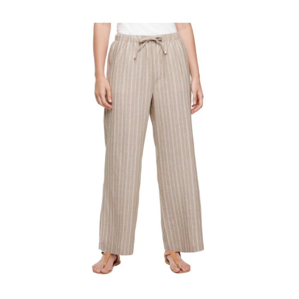 🤍 Gap Women’s Linen Blend Pull-On Pants – Khaki w/ White Stripes – Size M – NWT